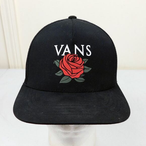 Vans Trucker Hat Adjustable Black Mesh Back Rose Graphic - Picture 1 of 6